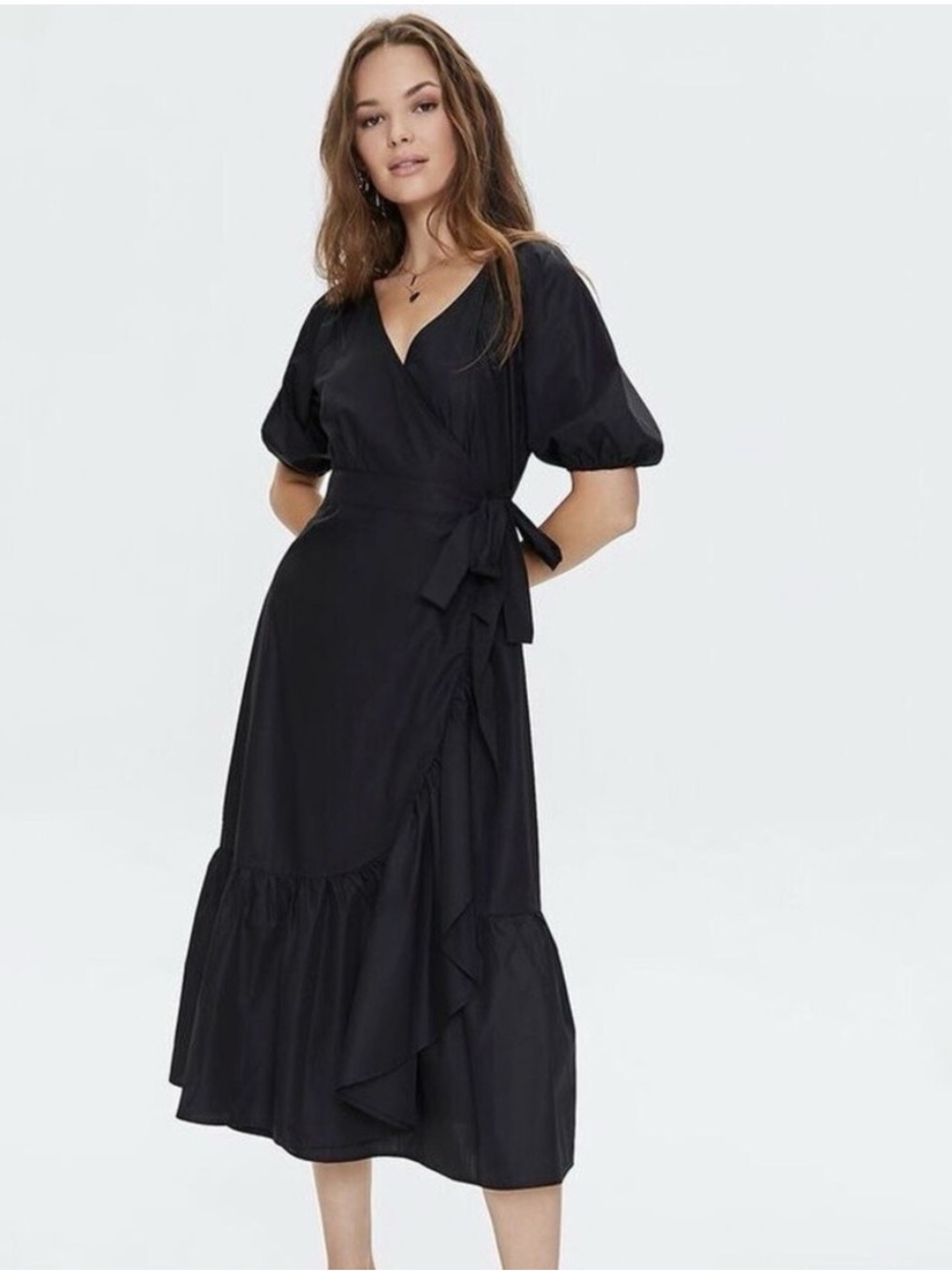 Forever 21 Elegant Black Woven Wrap Puff Sleeve Dress Size Large